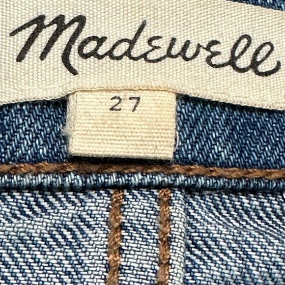 Madewell Color Block Blue Denim Skirt Raw Hem 5 Pocket Styling Zipper Fly - Picture 5 of 11